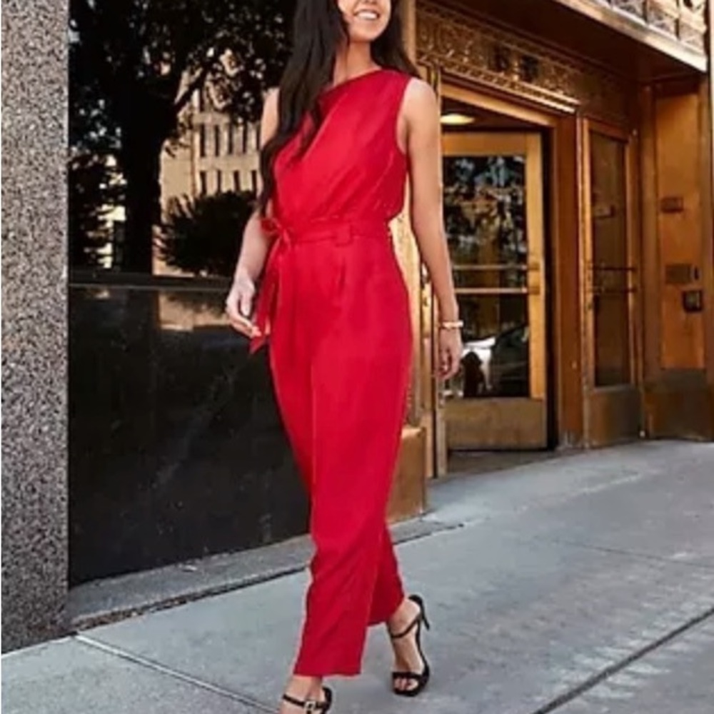 Red Express Draped One Shoulder Belted Jumpsuit
